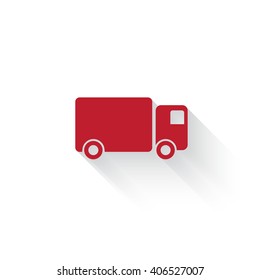 Flat red Delivery Truck web icon with long drop shadow on white