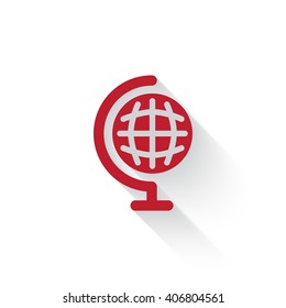 Flat red Earth Globe web icon with long drop shadow on white