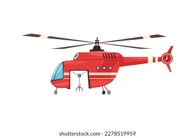 Flat red fire fighting helicopter side view on white background vector illustration