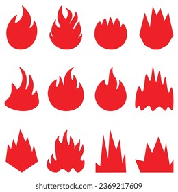 Flat red fire icon and pictogram set on white background for danger concept or logo design.