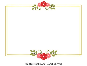 Borda floral vermelha plana com folhas decorativas para cartões de casamento românticos, notas de saudação e convites de evento