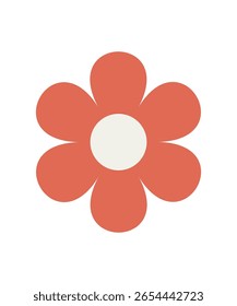 Un icono de flor roja plana con un diseño retro y audaz. Adecuado para patrones vintage, logotipos o pegatinas.