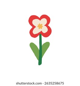 flat red flower with rounded petals and green leaves, playful stylized vector design for floral children decor and nature illustration