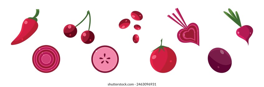 Flat Red Fruit and Vegetable Icon Vector Set