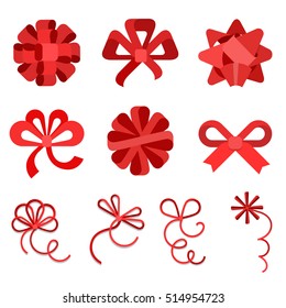 Flat Red gift bows of ribbon isolated on white background vector illustration set. Holidays and celebrations concept.