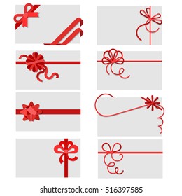 Flat Red gift bows of ribbon on post envelopes isolated on white background vector illustration set. Holidays and celebrations concept. Empty copyspace for your text.