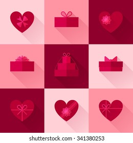 Flat red gift box in the form of heart icon set with different bows. Valentines day surprise. Gift wrapping, wrap, package. Passion pink gift box icons collection with long shadow for web and design.