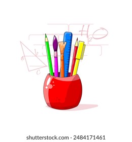 the flat red glass with writing utensils, green and red pencil, yellow pen, purple and orange painting brush, blue ruler. vector illustration about red glass with writing utensils