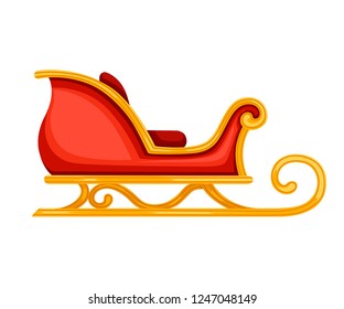 Flat red and gold christmas santa sleigh. Vector illustration isolated on white background.