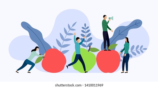 Flat red and green apple with human concepts, vector illustration