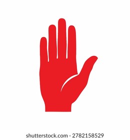 A flat red hand silhouette icon with fingers extended and thumb out representing a stop signal or the Red Hand of Ulster symbol