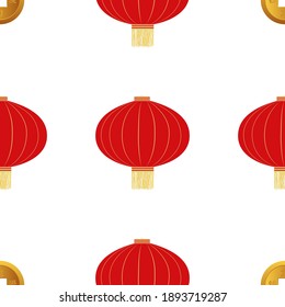 Flat red hanging Chinese lantern seamless pattern background for Chinese New Year celebration. Signs on coins in translation from Chinese mean love, money, power, eagle Vector Illustration