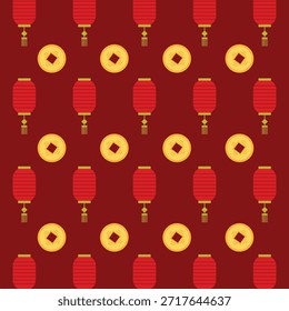 Linterna china colgante roja plana con fondo de patrón transparente de moneda de oro para la celebración del Año Nuevo chino.