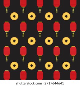 Lanterna chinesa pendurada vermelha plana com moeda dourada plano de fundo padrão sem costura para a celebração do Ano Novo Chinês.