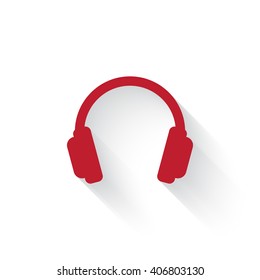 Flat red Headphones web icon with long drop shadow on white