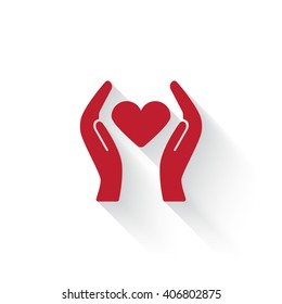 Flat red Heart care web icon with long drop shadow on white