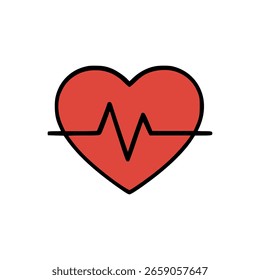 Icono plano del corazón rojo con la línea negra del latido cardíaco, símbolo médico simple que representa la cardiología, la atención médica, y la aptitud