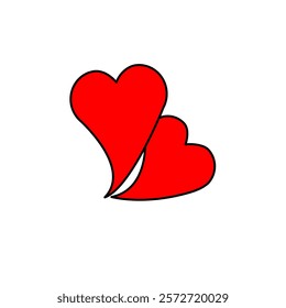 flat red heart logo valentine's day, two hearts in a row with pull down effect, isolated icon with white background