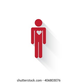 Flat red Heart web icon with long drop shadow on white