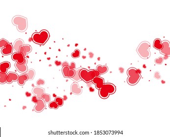Flat red hearts falling valentine background. Romantic February 14 backdrop. Bright hearts love pleasure symbols isolated on transparent background. Valentine's day cute decor.