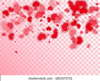 Corazones rojos planos cayendo fondo valentino. Romántico telón de fondo de la tarjeta de felicitación. Los corazones rojos ruby aman los símbolos de pasión aislados en el fondo blanco. Decoración sencilla del día de San Valentín.