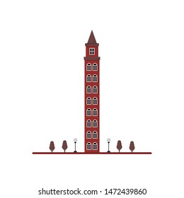 flat red high-rise building of 9 floors in the form of a castle, surrounded by trees and lanterns