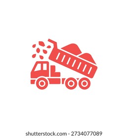 Um ícone plano e vermelho representando um caminhão basculante descarregando ativamente sua carga de material.