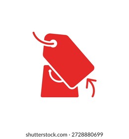 Ilustración roja plana de dos etiquetas de Precio y un bolso de compras con una flecha.