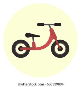 Flat red kids balance bike icon, children run bike symbol