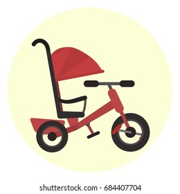 Flat red kids tricycle with push handle icon, vector color childrens toy transport symbol