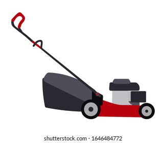 Flat red lawnmower on four wheels in vector isolated on white background