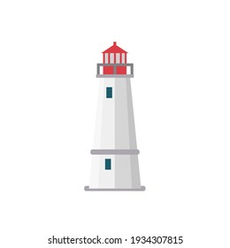 Flat red lighthouse building isolated on white background. Vector illustration. 