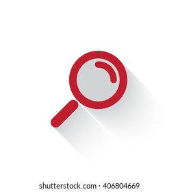 Flat red Magnifying Glass web icon with long drop shadow on white