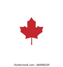 Flat red maple leaf with little stem.  Vector icon. Isolated on white. Autumn single leaf silhouette. Canada vector symbol. Clip art. Red maple leaf.