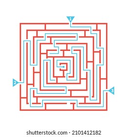 Flat red maze scheme with three marked possible ways vector illustration