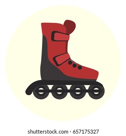 Flat red modern four wheels skate rollers icon, rollerskating symbol, ecological city transport