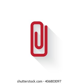 Flat red Paper Clip web icon with long drop shadow on white