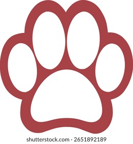 Flat red paw print icon on a white background, minimalist vector style, ideal for pet logos, animal graphics, or symbolic designs.

