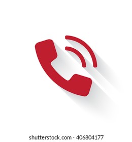 Flat red Phone web icon with long drop shadow on white
