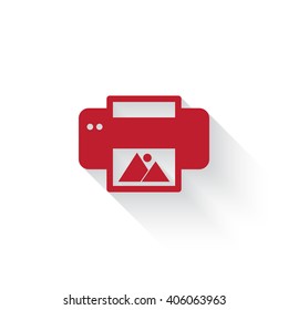 Flat red Photo Printing web icon with long drop shadow on white