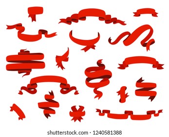Flat red ribbon banners set isolated on white design element. Vector illustration.
