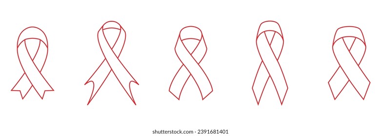 Flat Red ribbon icon set, illustration of red ribbon isolated on transparent background, Raster version. awareness ribbon as a symbol of humanity, moral support, Symbol of mourning. AIDS icon symbol.