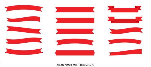 Flat red ribbons set. Retro flag, blank tape for text, price tag, sale label. Empty different shape simple ribbons template. Cartoon decorative paper banner. Isolated on white vector illustration