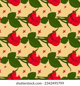 Flat red roses pattern on light background. Vector hand drawn isolated flowers with lights. Floral composition. Suitable for wrapping paper, background, wallpaper, textile, banner, scrapbookingr