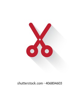 Flat red Scissors web icon with long drop shadow on white