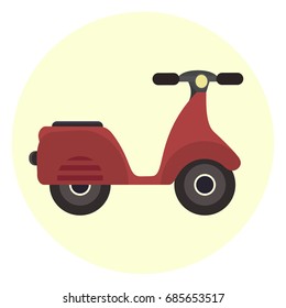 Flat red scooter icon, motor bicycle. Modern alternative youth city transport. Ecological fashion teenager transport, isolated symbol