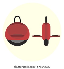 Flat red self-balancing electric unicycle icon. Monocycle transport symbol. Modern alternative youth city transport. Ecological fashion teenager transport, isolated symbol