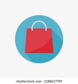 flat red shopping bag vector icon with blue round isolated on white background