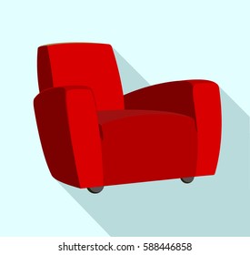 flat red single sofa on light blue square background with shadow effect