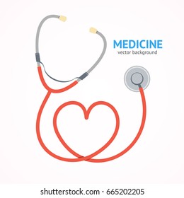 Flat Red Stethoscope witch Heart Shape Medicine Healthcare Concept Cardiology Diagnostic Instrument. Vector illustration